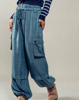 Wide Leg Utility Drawstring Fastener Cargo Pants - Next Generation Boutique