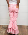 Kids Light Pink Distressed Denim Double Ruffle Pant Jeans - Next Generation Boutique