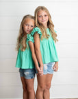 Kids Turquoise Double Ruffle Flutter Sleeve Spring Shirt - Next Generation Boutique