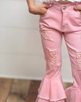Kids Light Pink Distressed Denim Double Ruffle Pant Jeans - Next Generation Boutique