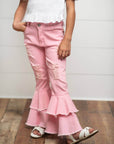 Kids Light Pink Distressed Denim Double Ruffle Pant Jeans - Next Generation Boutique