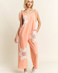 Mineral Washed Flower patched Bow spring jumpsuits - Next Generation Boutique