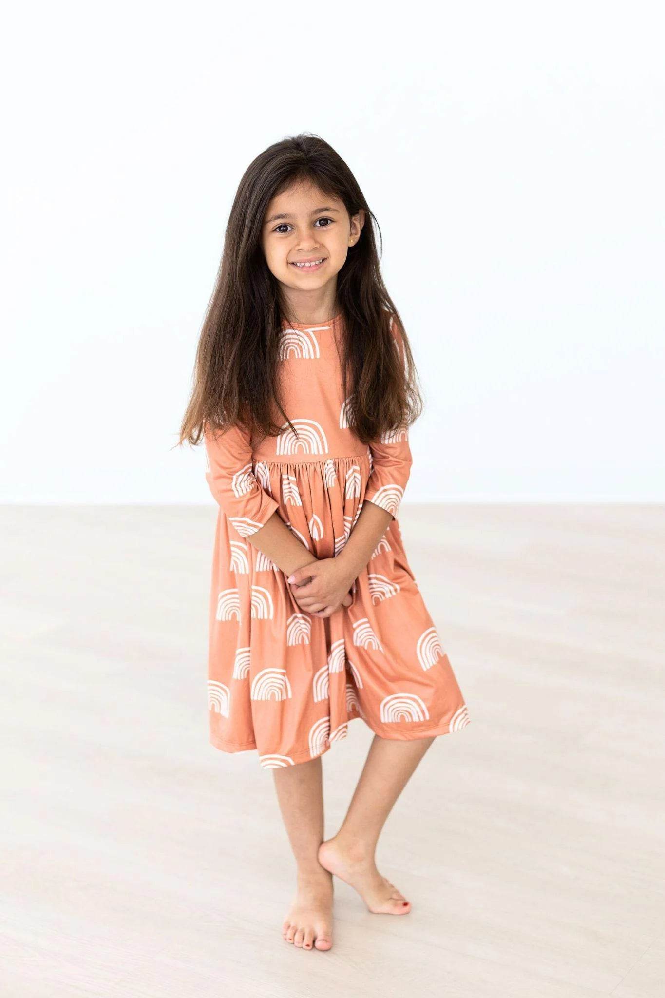 children's fall dresses Rainbows in Fall 3/4 Sleeve Twirl Dress – Next Generation Boutique