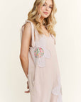 Mineral Washed Flower patched Bow spring jumpsuits - Next Generation Boutique