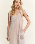 Mineral Washed Flower patched Bow spring jumpsuits - Next Generation Boutique