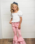 Kids Light Pink Distressed Denim Double Ruffle Pant Jeans - Next Generation Boutique