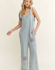 Mineral Washed Flower patched Bow spring jumpsuits - Next Generation Boutique