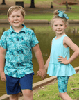 Boys Turquoise Green Tie-Dye Turtle Short-Sleeve Button-Up - Next Generation Boutique
