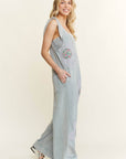 Mineral Washed Flower patched Bow spring jumpsuits - Next Generation Boutique