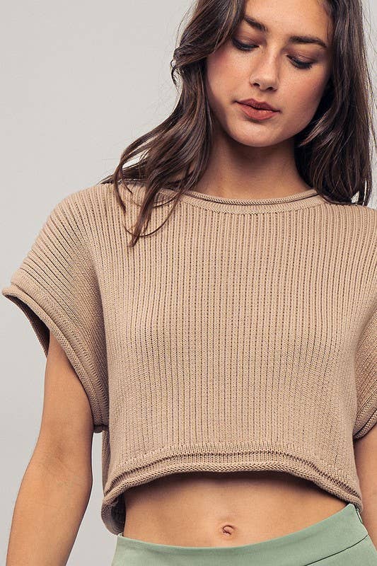 Cropped Ribbed Knit Short Cap Sleeve Top