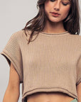 Cropped Ribbed Knit Short Cap Sleeve Top