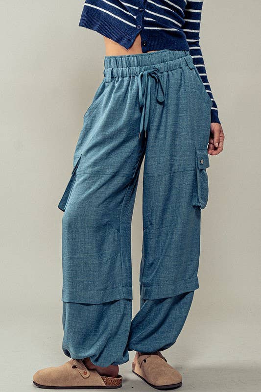 Wide Leg Utility Drawstring Fastener Cargo Pants