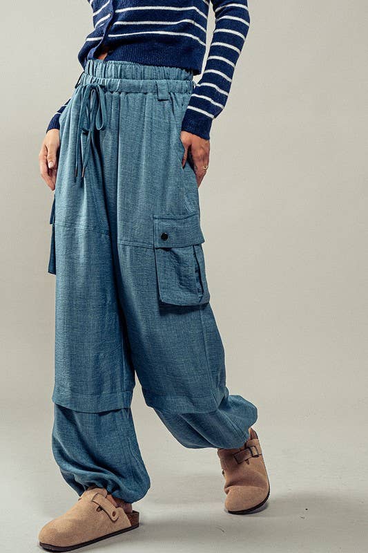 Wide Leg Utility Drawstring Fastener Cargo Pants