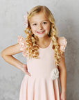 Kids Light Pink Ruffles Flutter Sleeve Rosette Spring Dress