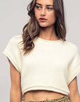 Cropped Ribbed Knit Short Cap Sleeve Top