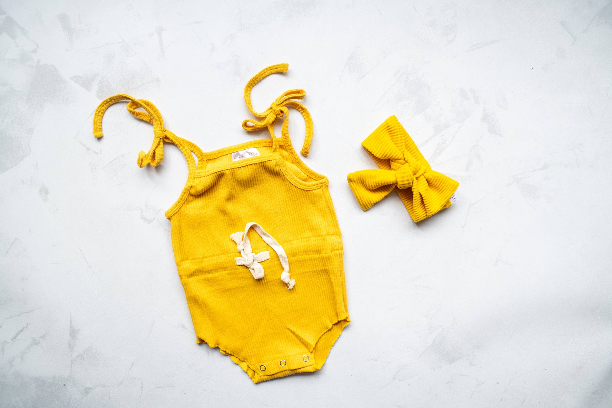 EMMA GRACE SHOPPE- RIBBED TIE ROMPER, MUSTARD