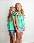 Kids Turquoise Double Ruffle Flutter Sleeve Spring Shirt