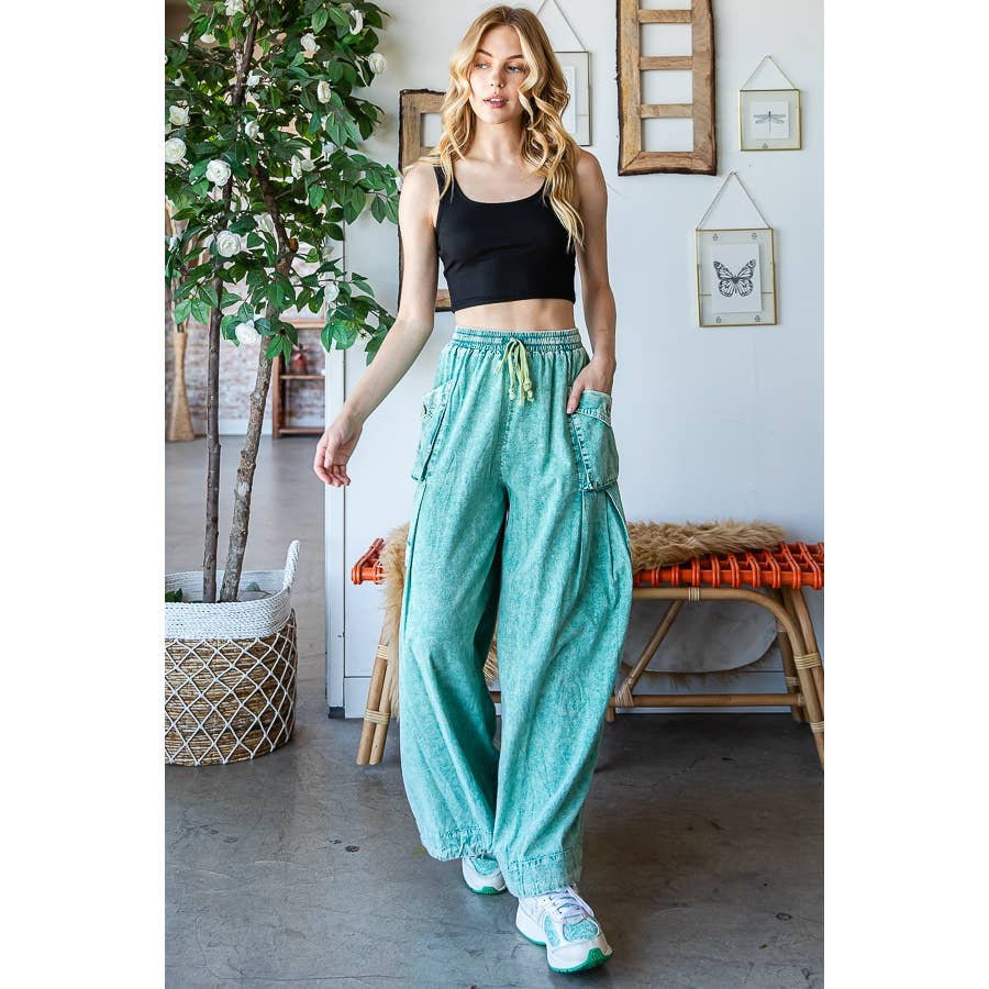 WASHED 3D POCKET SLOUCHY WIDE LEG PANTS