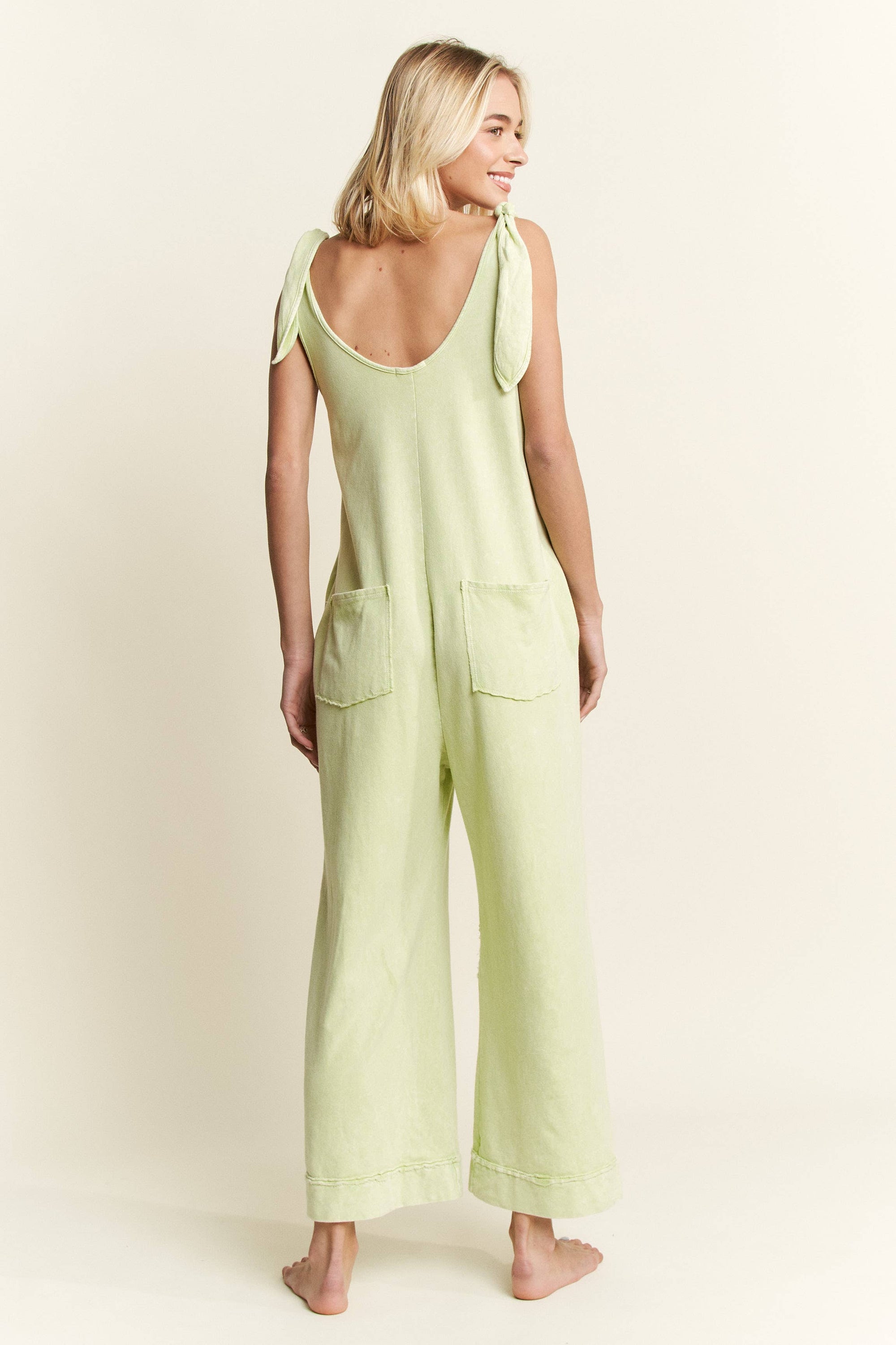 Mineral Washed Flower patched Bow spring jumpsuits