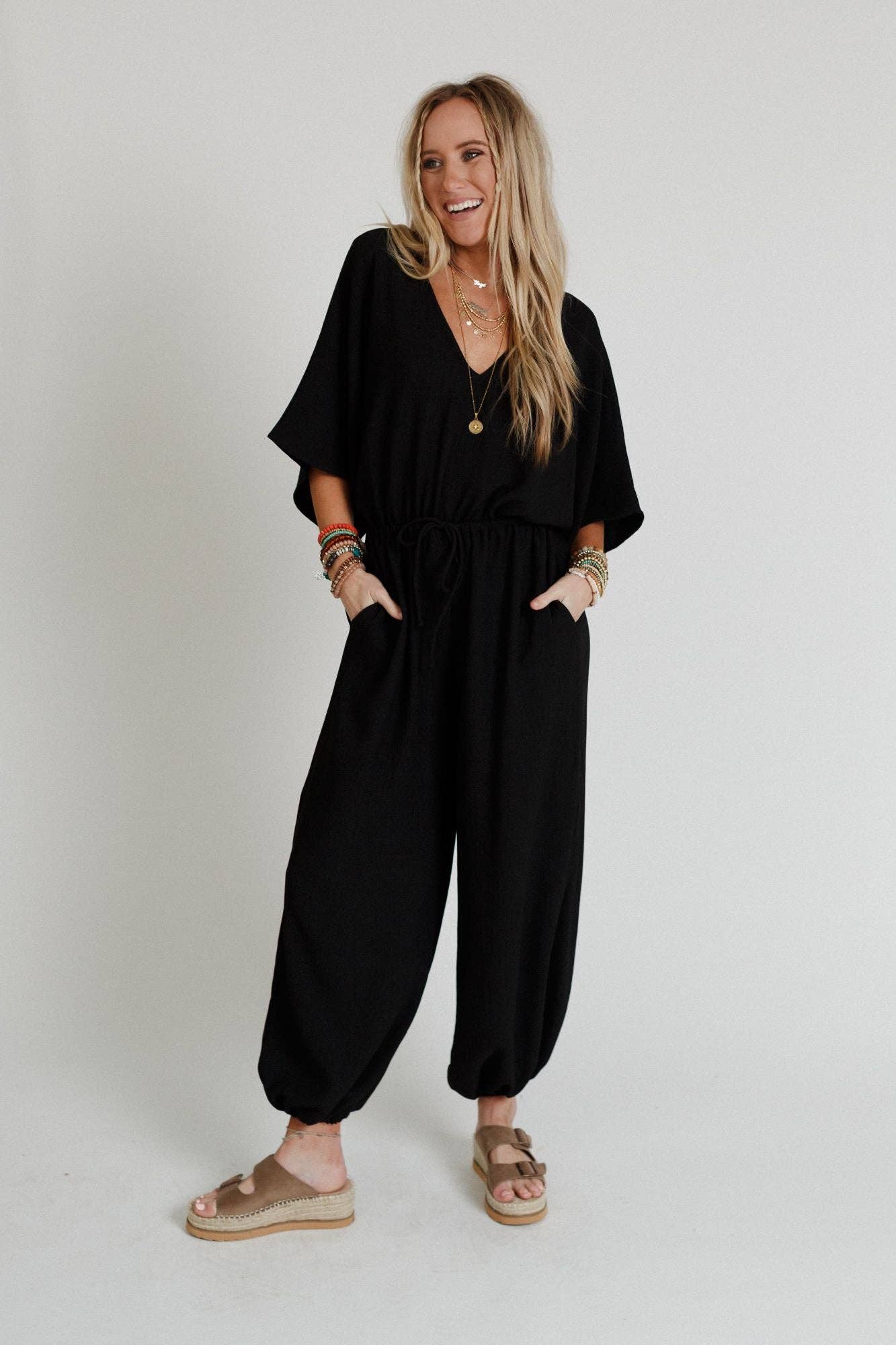 New Love Relaxed Drawstring Jumpsuit - Black