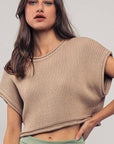 Cropped Ribbed Knit Short Cap Sleeve Top