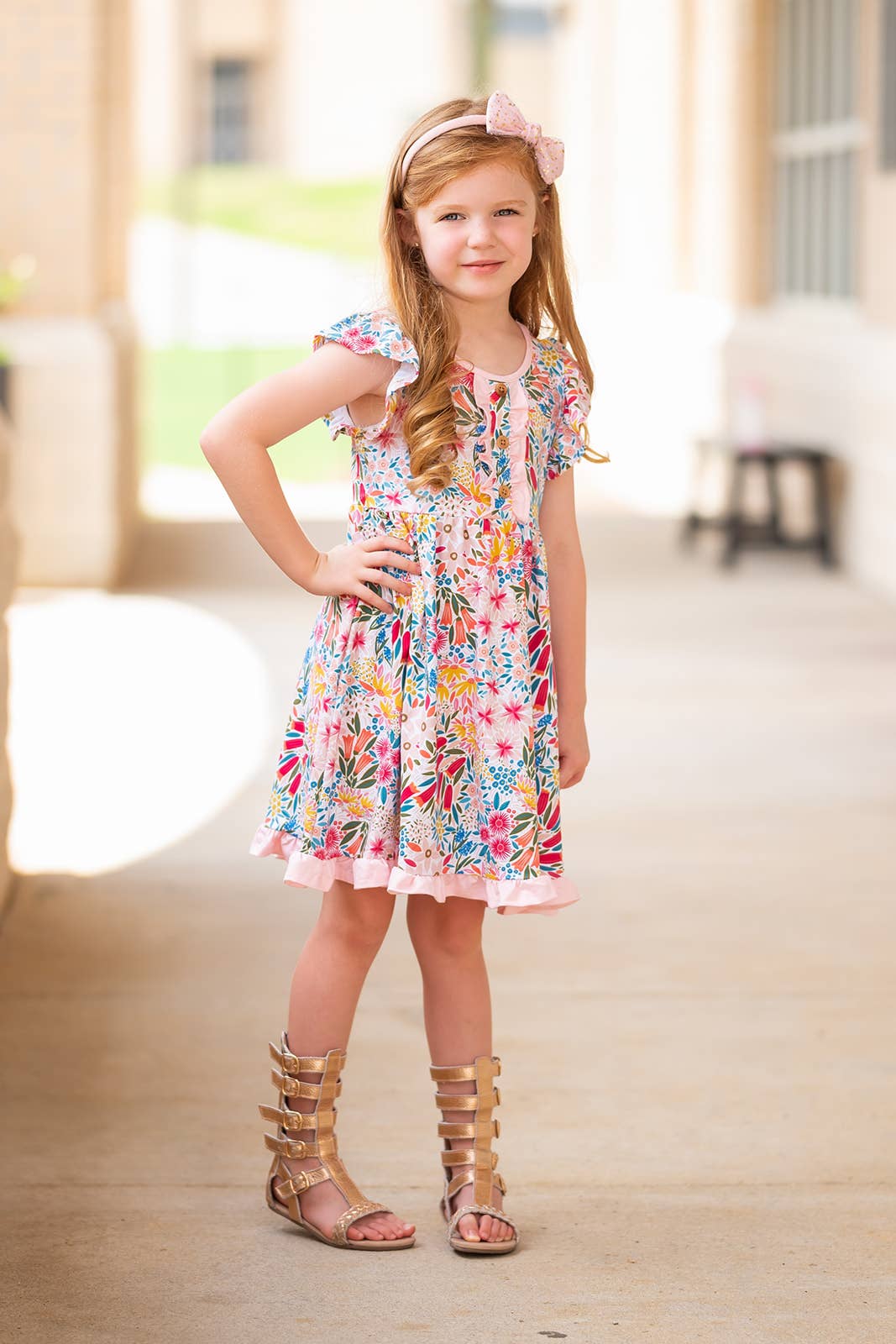 Girls Light Pink Christie Flower Button-Front Dress