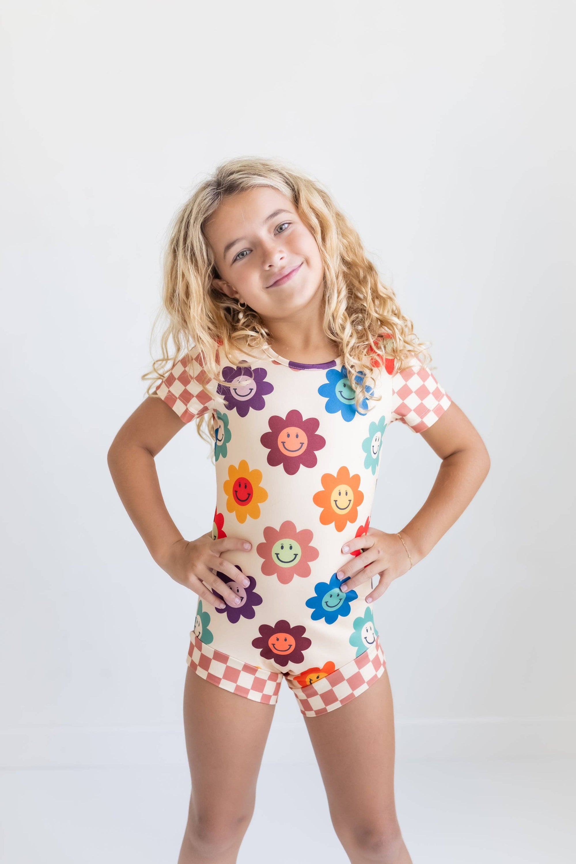 Kids Rainbow Retro Smiley Face Checkered Dance Gym Leotard