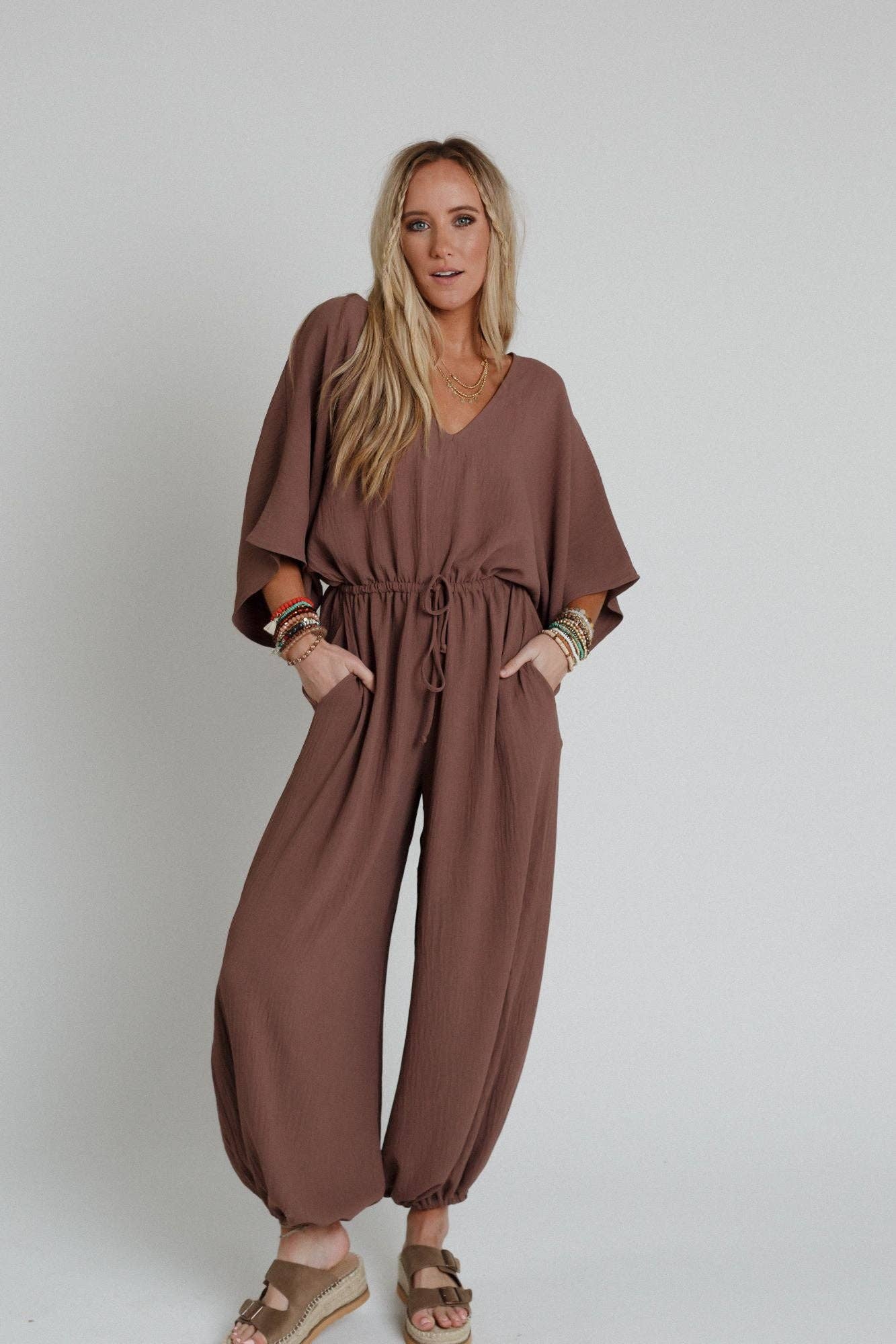 New Love Relaxed Drawstring Jumpsuit - Mocha