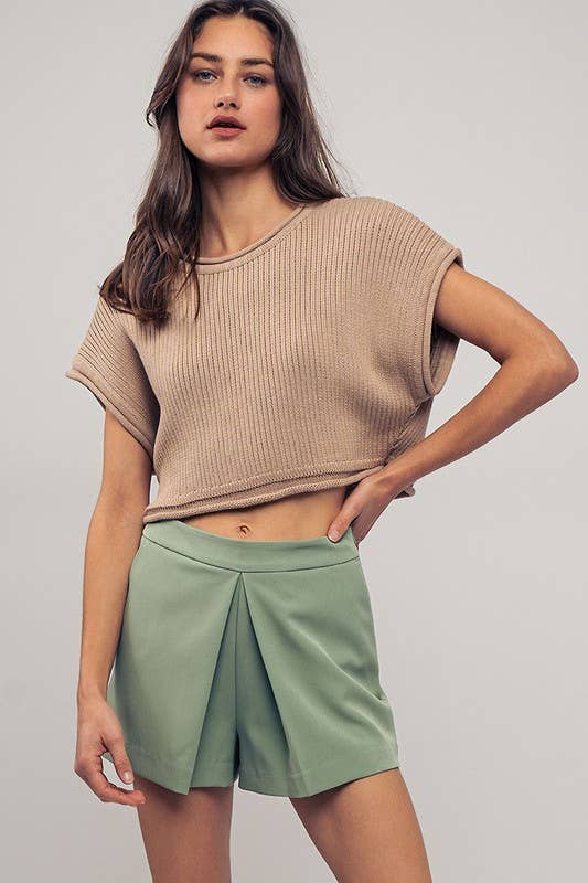 Cropped Ribbed Knit Short Cap Sleeve Top