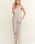 Mineral Washed Flower patched Bow spring jumpsuits