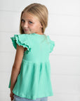 Kids Turquoise Double Ruffle Flutter Sleeve Spring Shirt