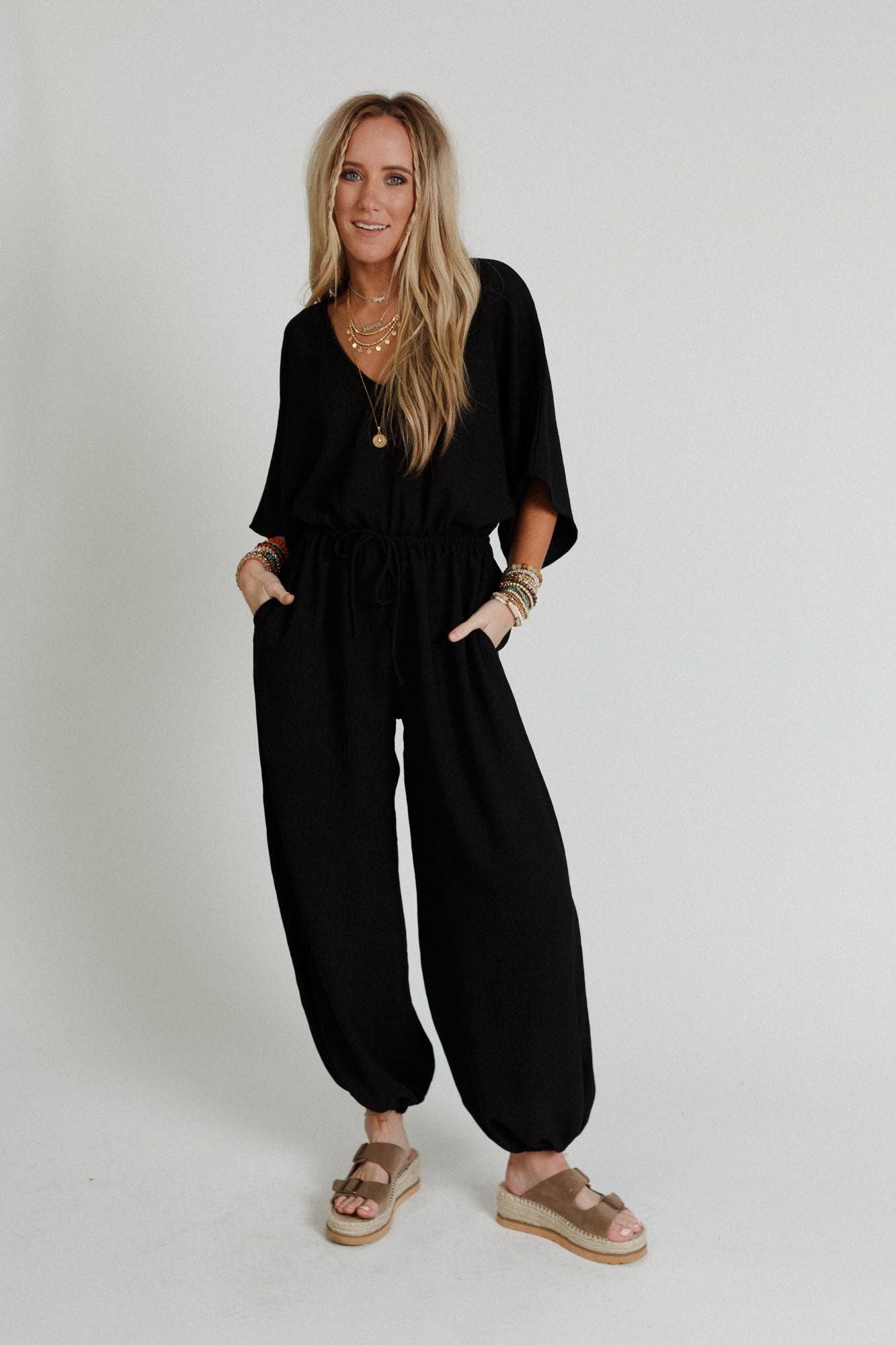 New Love Relaxed Drawstring Jumpsuit - Black