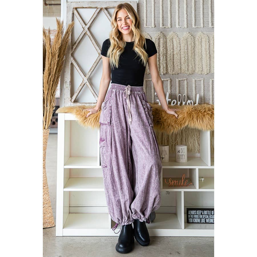 WASHED 3D POCKET SLOUCHY WIDE LEG PANTS