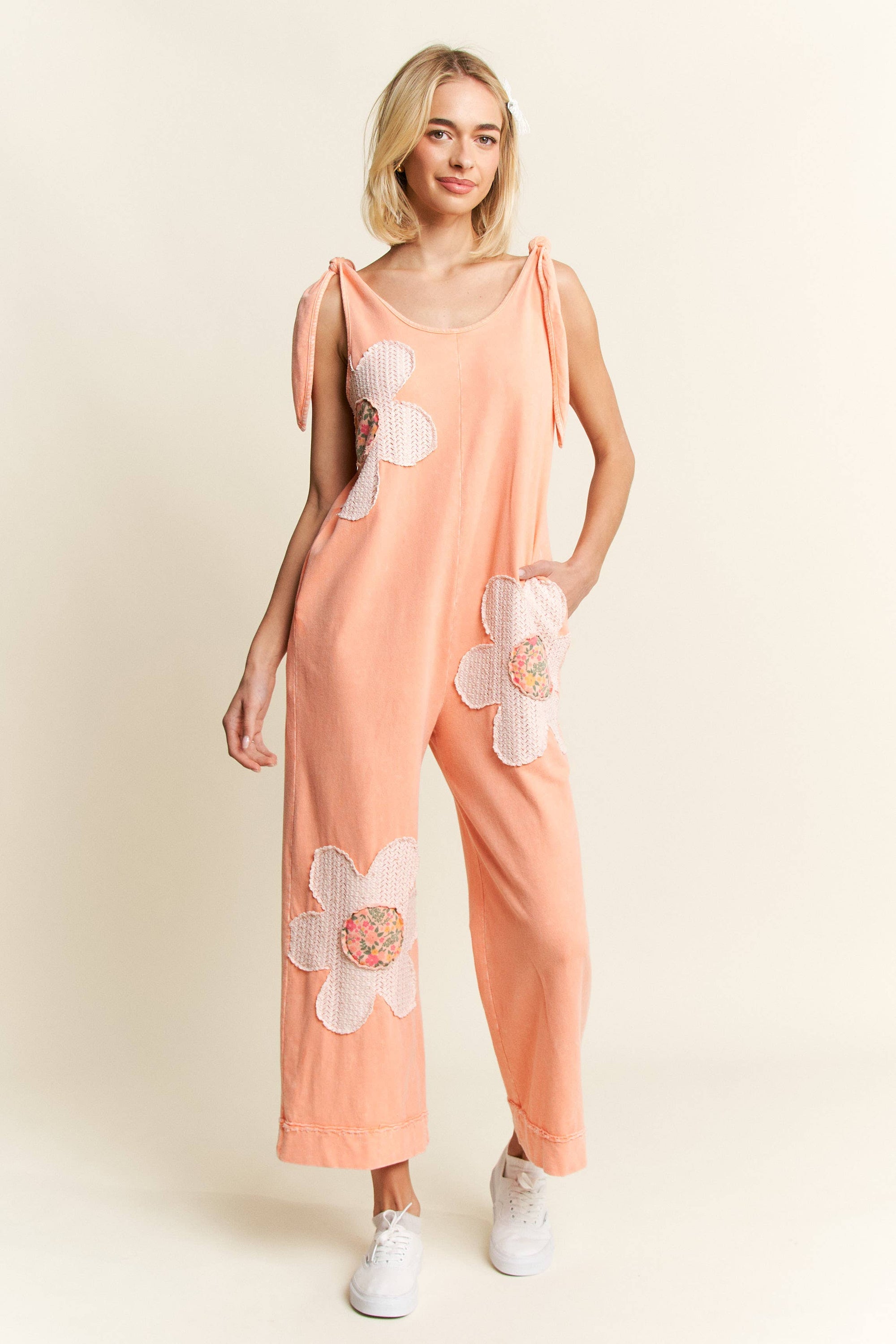 Mineral Washed Flower patched Bow spring jumpsuits