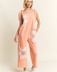 Mineral Washed Flower patched Bow spring jumpsuits