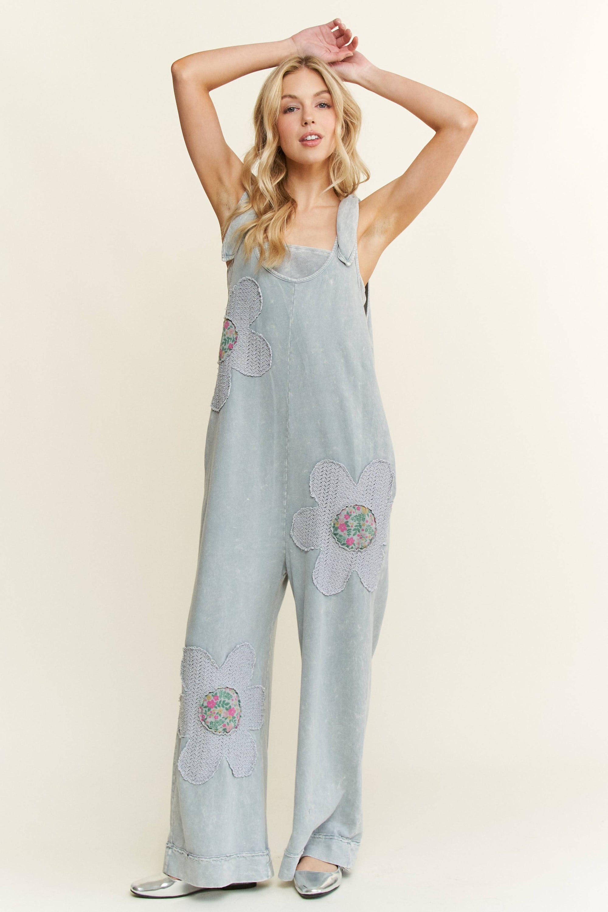 Mineral Washed Flower patched Bow spring jumpsuits