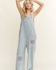 Mineral Washed Flower patched Bow spring jumpsuits