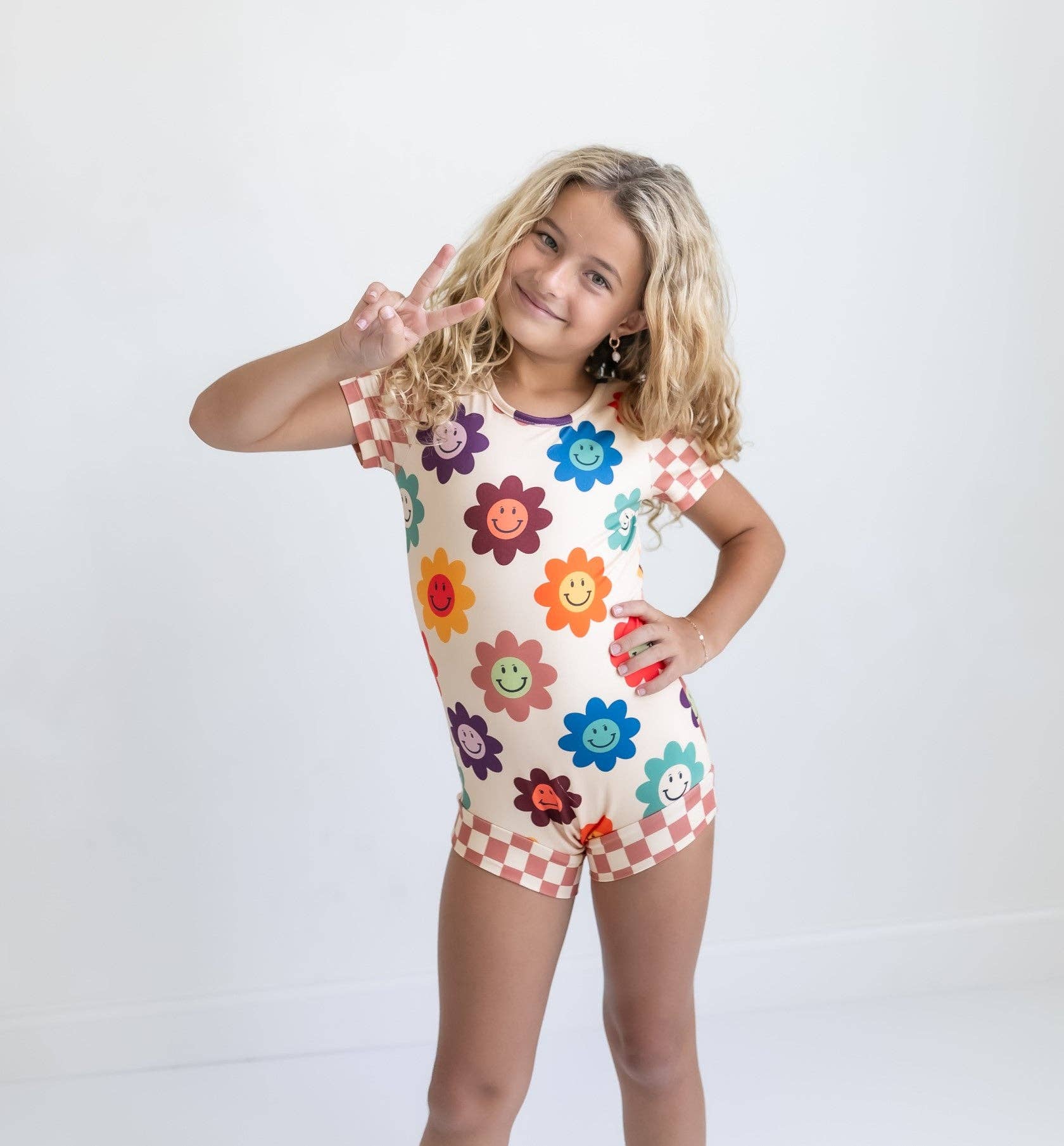 Kids Rainbow Retro Smiley Face Checkered Dance Gym Leotard