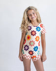 Kids Rainbow Retro Smiley Face Checkered Dance Gym Leotard