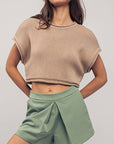 Cropped Ribbed Knit Short Cap Sleeve Top