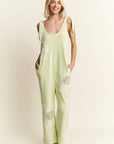 Mineral Washed Flower patched Bow spring jumpsuits