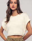 Cropped Ribbed Knit Short Cap Sleeve Top