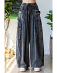 WASHED 3D POCKET SLOUCHY WIDE LEG PANTS