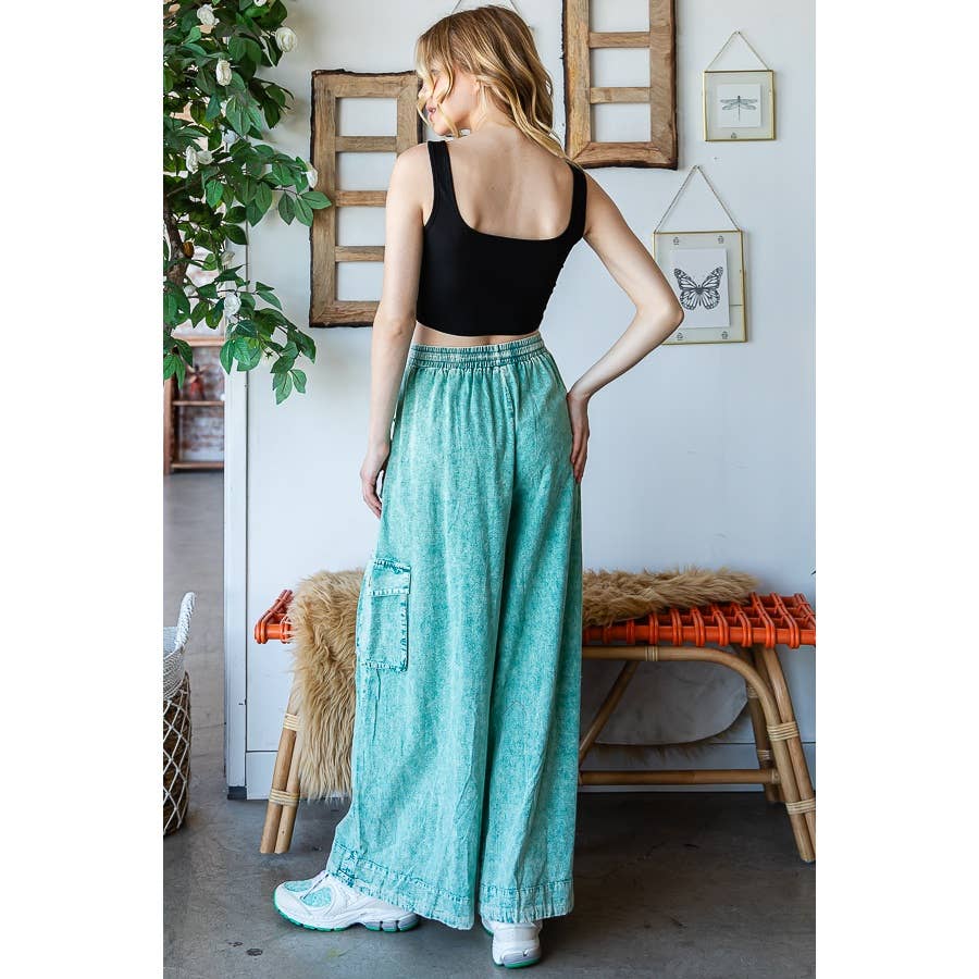 WASHED 3D POCKET SLOUCHY WIDE LEG PANTS