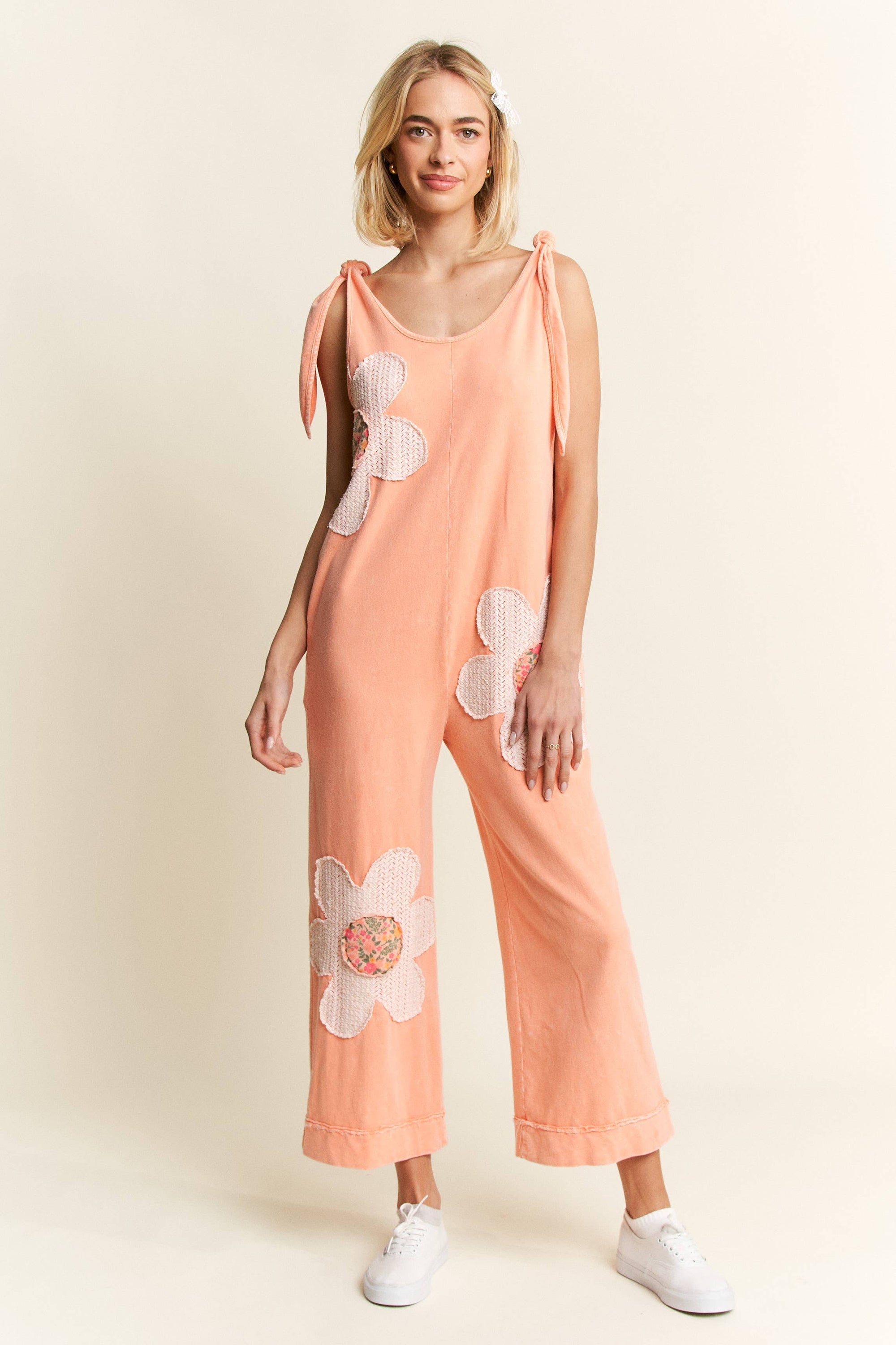 Mineral Washed Flower patched Bow spring jumpsuits