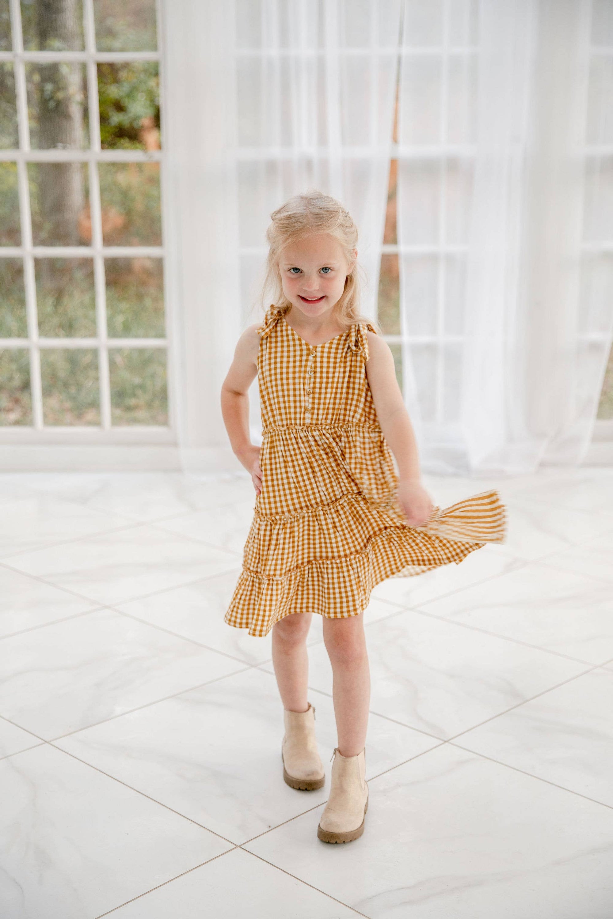 EG Organic Tiered Tie- Dress - Golden Gingham