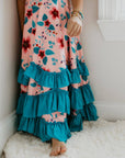 Kids Light Peach Floral Flutter Sleeve Ruffles Spring Dress