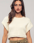 Cropped Ribbed Knit Short Cap Sleeve Top