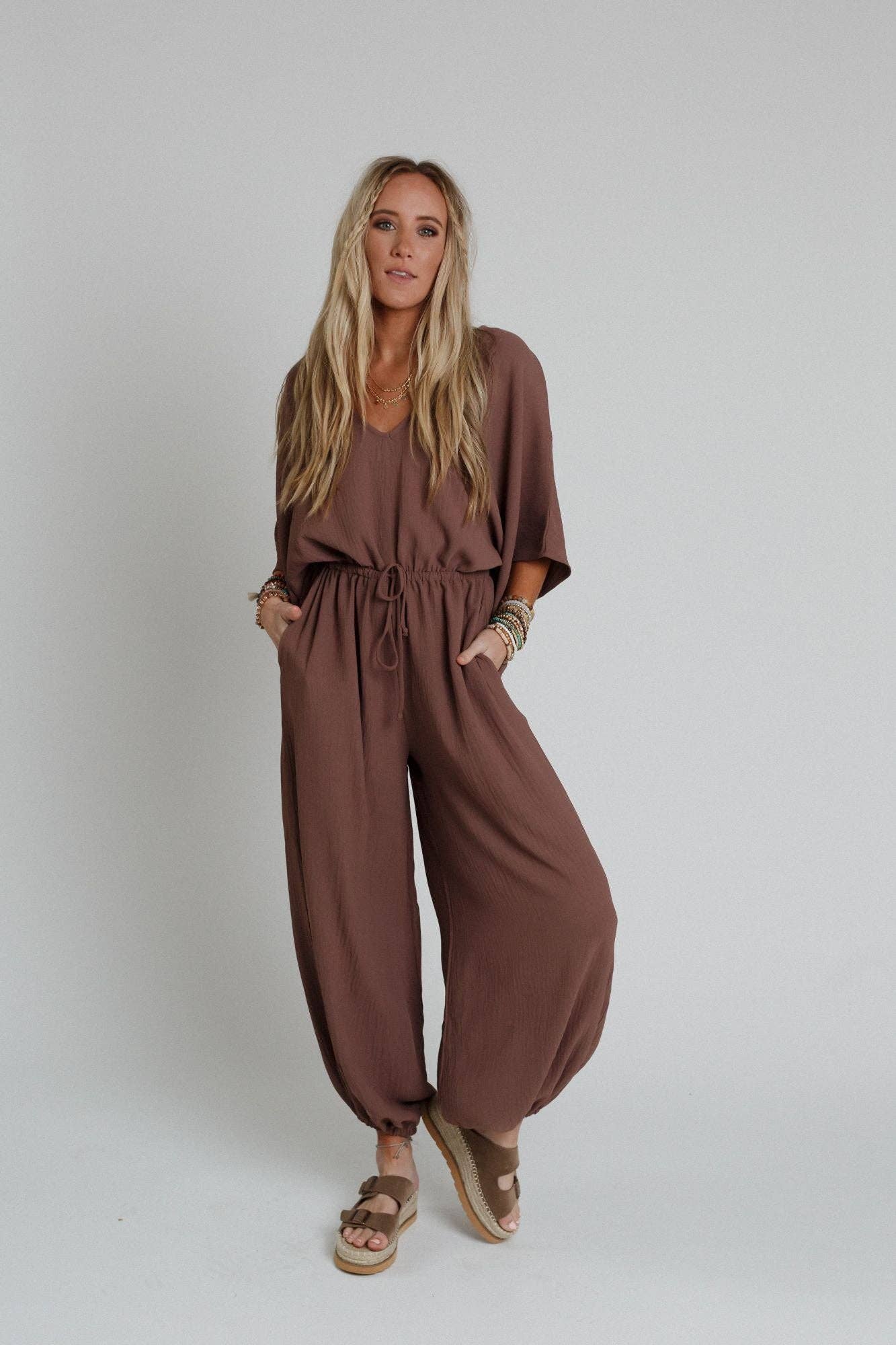 New Love Relaxed Drawstring Jumpsuit - Mocha