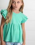 Kids Turquoise Double Ruffle Flutter Sleeve Spring Shirt